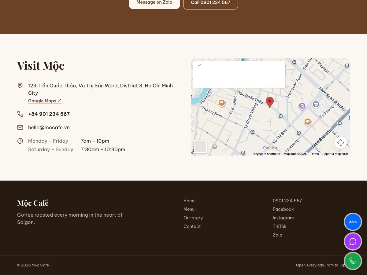 The café's address, map, phone number and opening hours