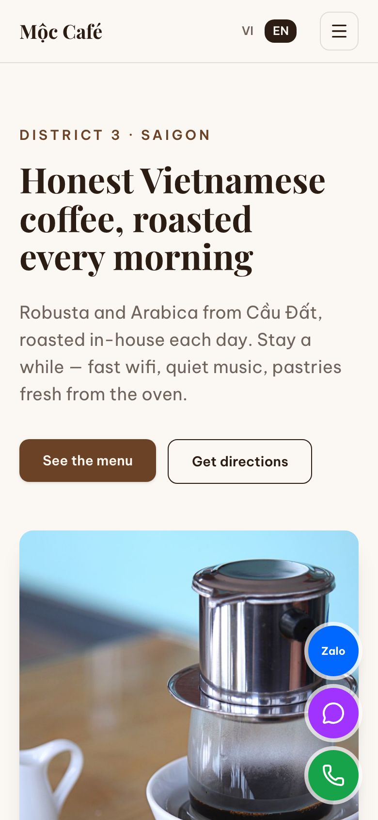 Café template home page on a phone