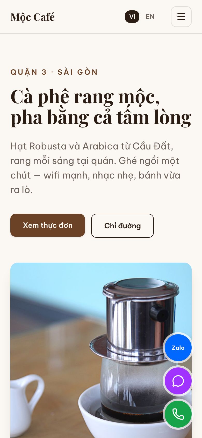 Trang chủ mẫu quán cà phê trên điện thoại
