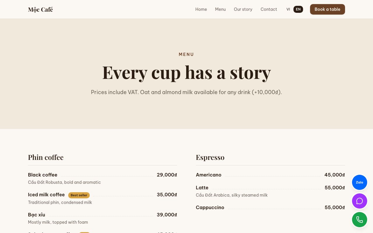 Menu of the Café template