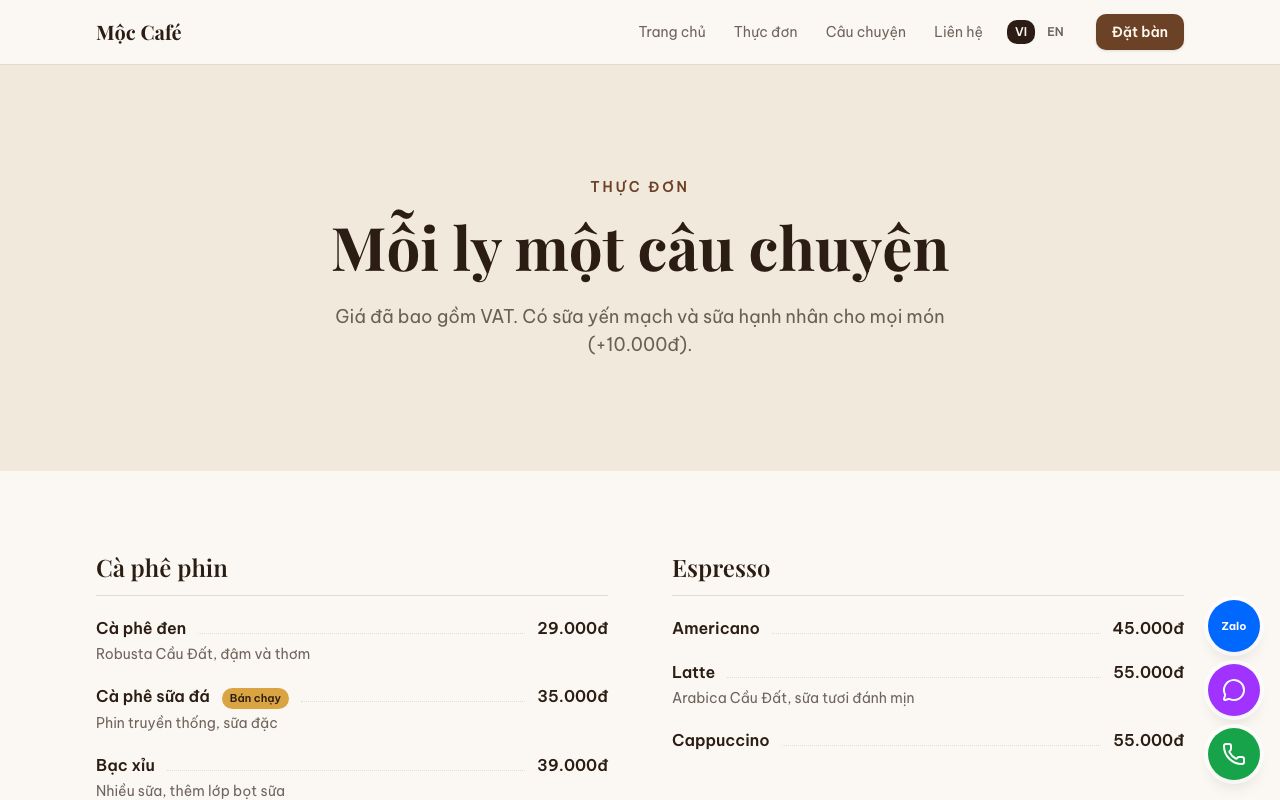 Thực đơn của mẫu Quán cà phê