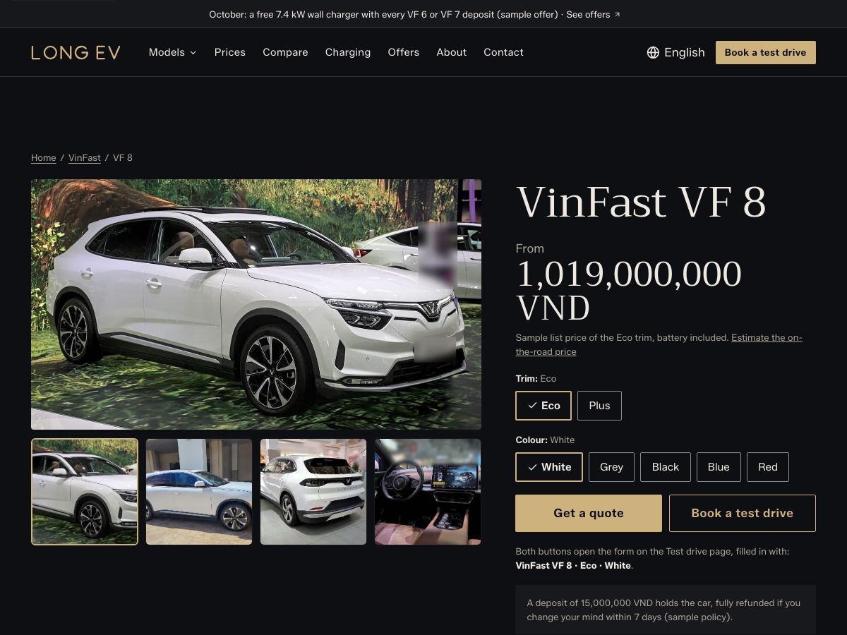 VinFast VF 8 car page with a large photo and four thumbnails, from 1,019,000,000 VND, Eco and Plus trims and five colours, and Get a quote and Book a test drive buttons