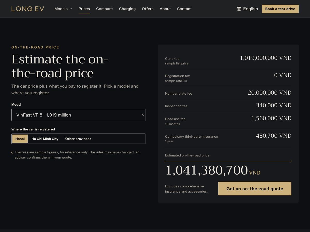 On-the-road price calculator with the VinFast VF 8 selected, Hanoi as the place of registration, lines for registration tax, number plate, inspection, road fee and insurance, and a total of 1,041,380,700 VND