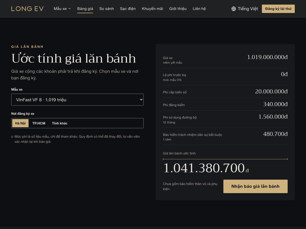 Công cụ Ước tính giá lăn bánh với ô chọn xe VinFast VF 8, nơi đăng ký Hà Nội, các dòng lệ phí trước bạ, biển số, đăng kiểm, phí đường bộ, bảo hiểm và tổng 1.041.380.700đ