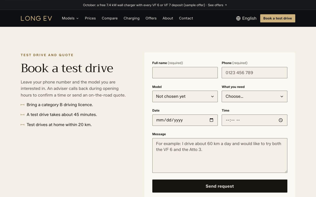 Test drive of the EV showroom template