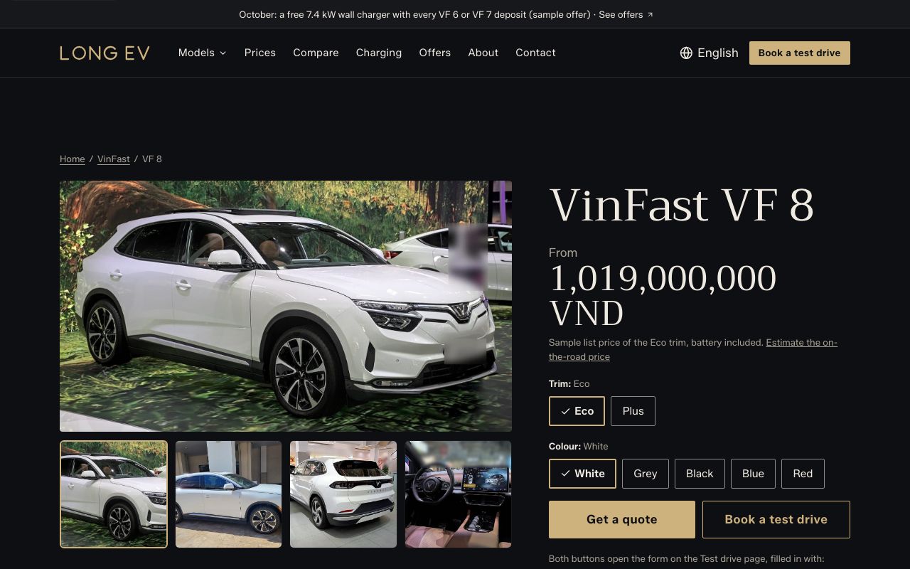 Car page of the EV showroom template