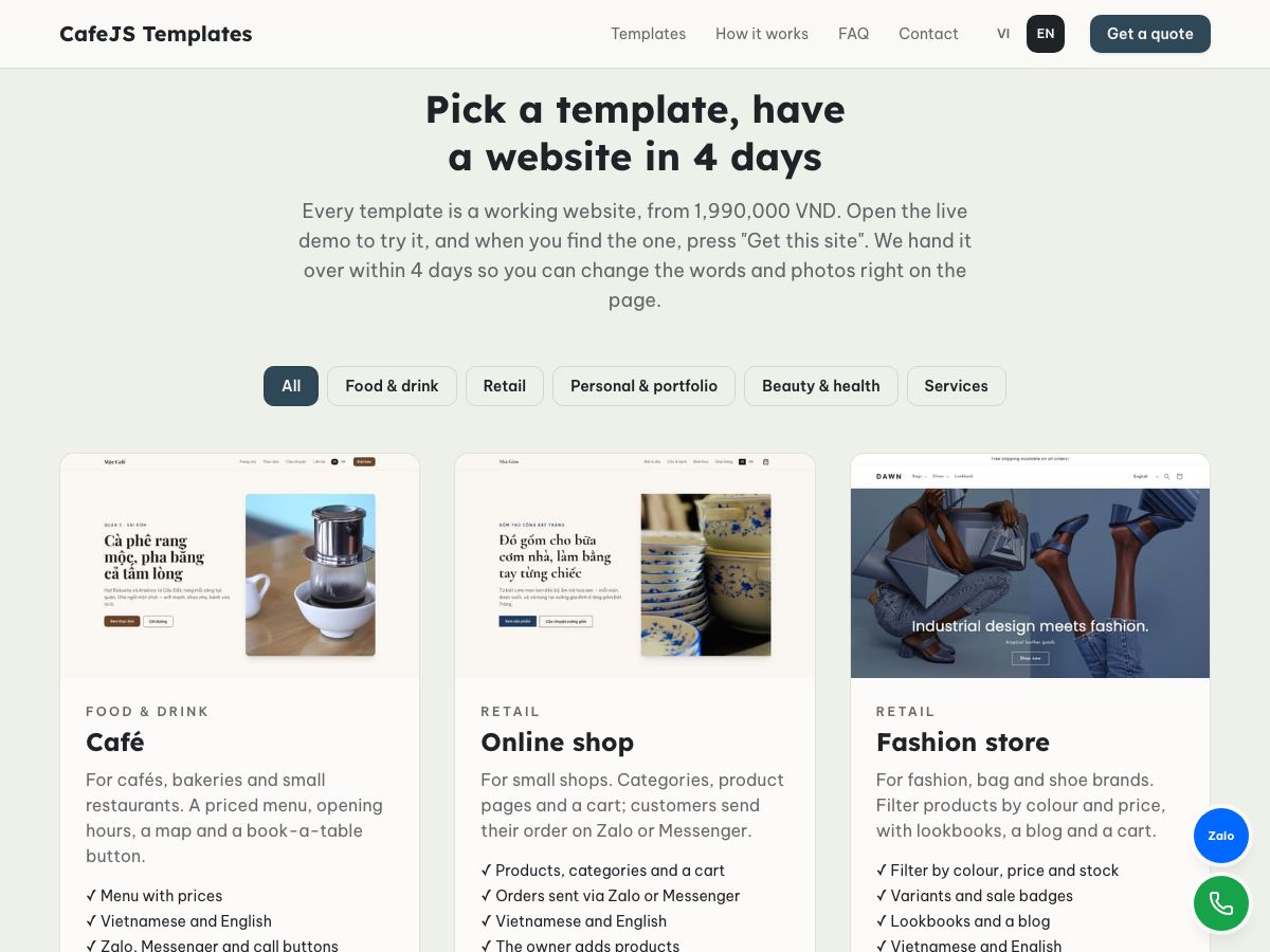 Template grid with All, Food & drink, Retail and Services filter buttons and the café, online shop and fashion template cards