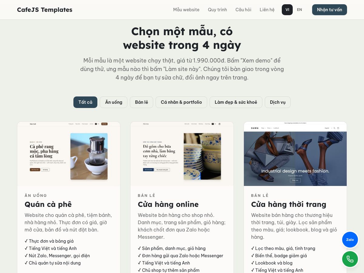 Lưới mẫu website với nút lọc Tất cả, Ăn uống, Bán lẻ, Dịch vụ và thẻ mẫu quán cà phê, cửa hàng online, thời trang