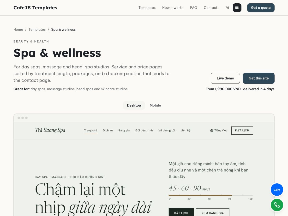Spa template detail page with Live demo and Get this site buttons and a preview with a Desktop and Mobile switch
