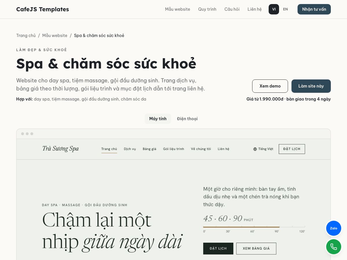 Trang chi tiết mẫu spa với nút Xem demo, Làm site này và khung xem trước có nút chuyển Máy tính, Điện thoại