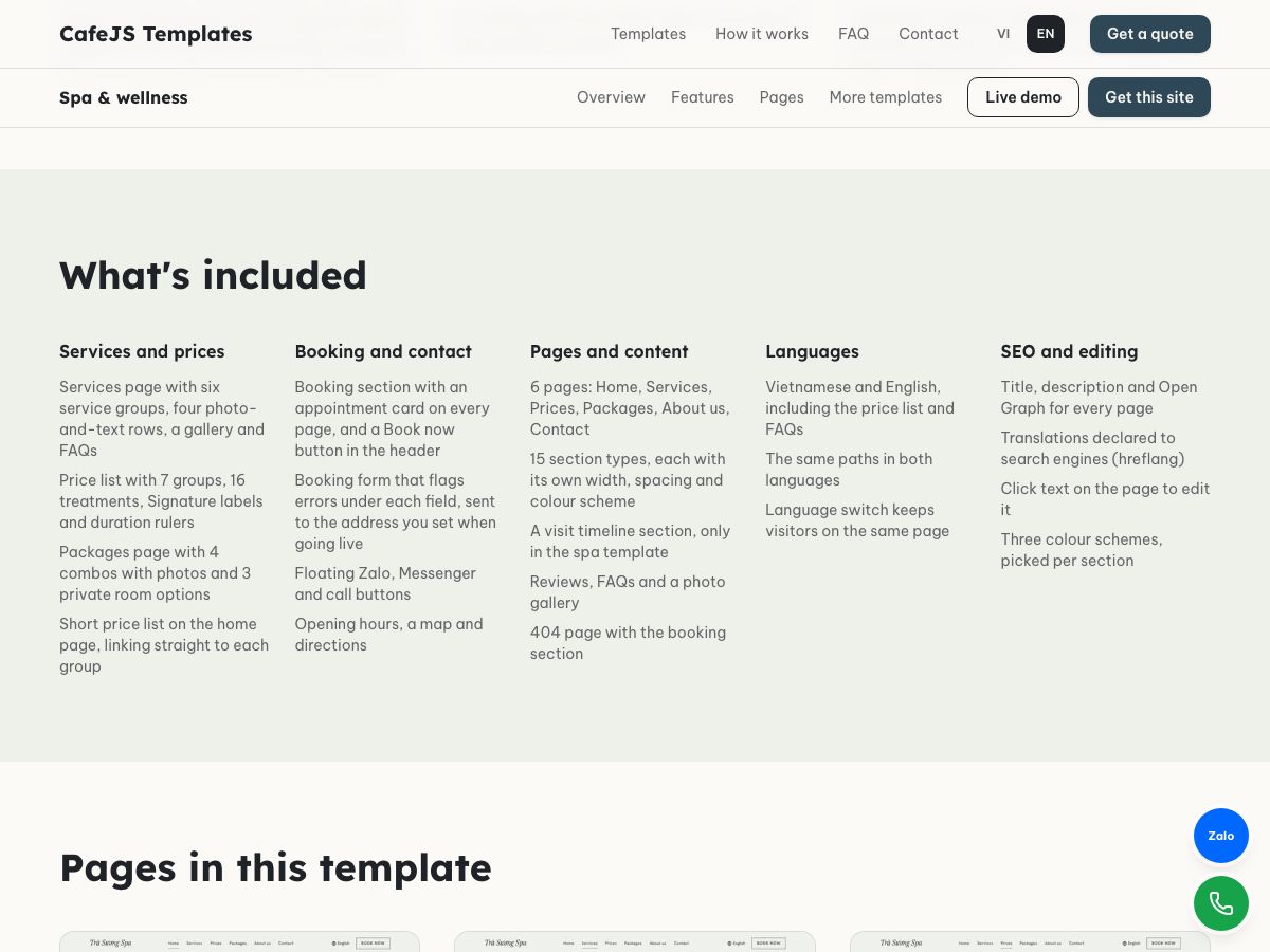 Section bar under the header with the template name, Overview, Features, Pages, More templates, Live demo and Get this site, above the What's included section