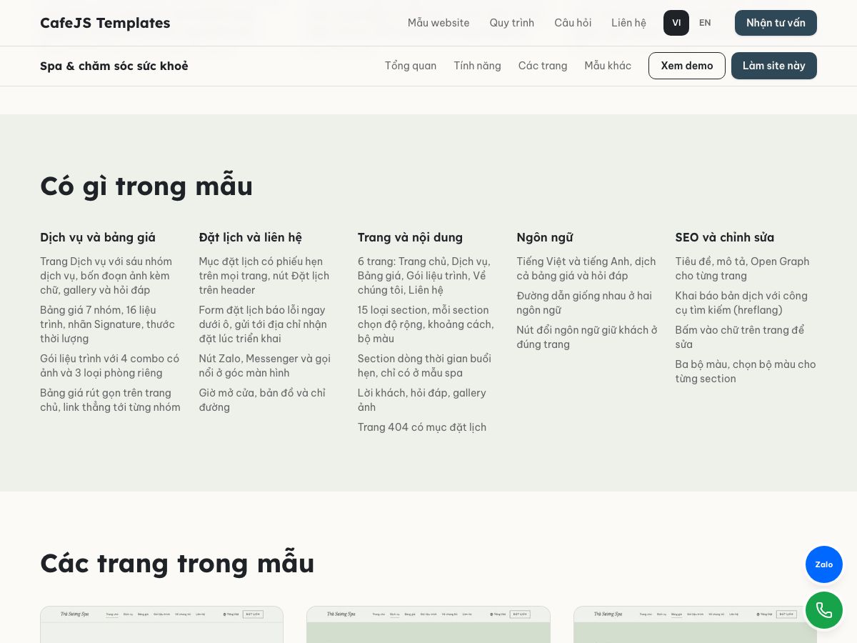 Thanh dính dưới header với tên mẫu, các nút Tổng quan, Tính năng, Các trang, Mẫu khác, Xem demo, Làm site này, phía trên phần Có gì trong mẫu