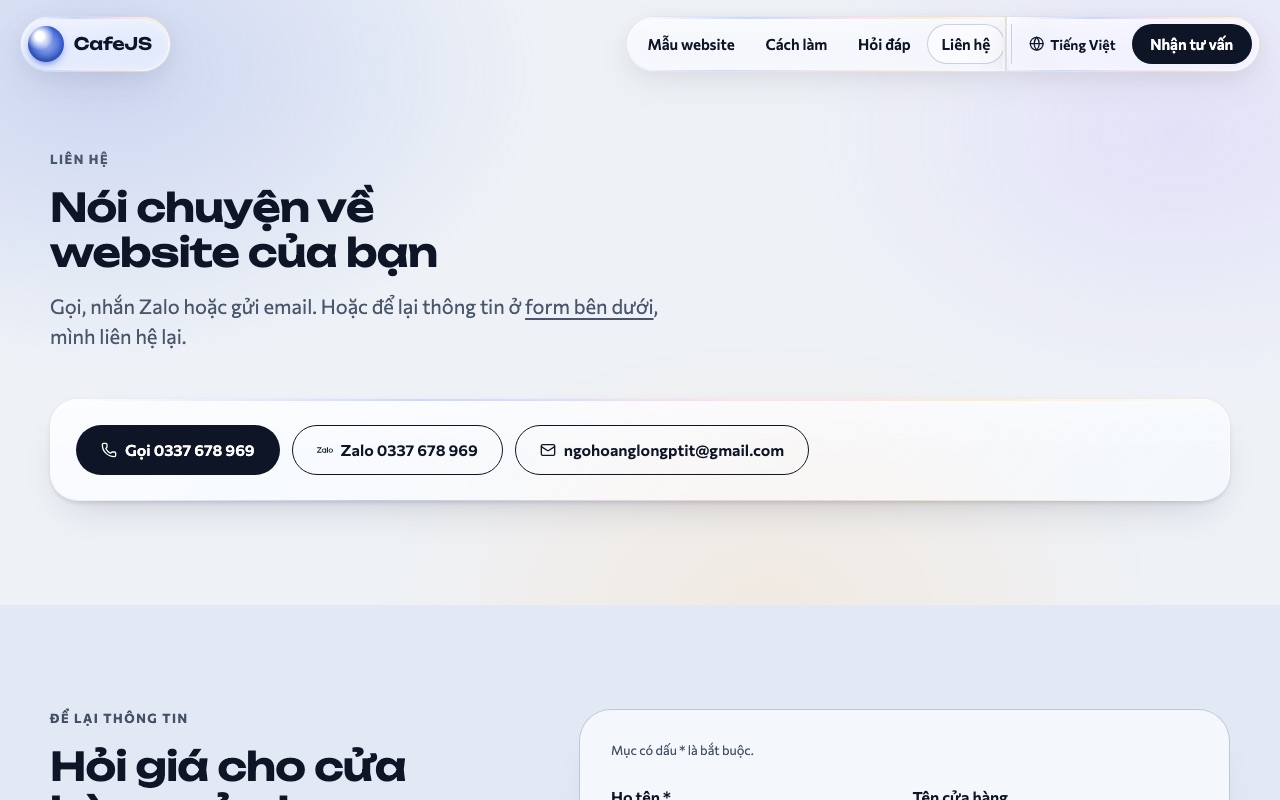 Trang liên hệ với điện thoại, Zalo, email và form hỏi giá