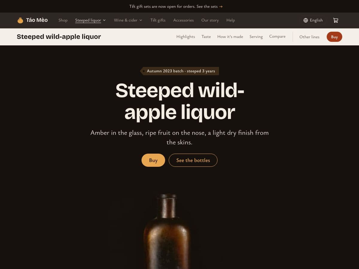 Steeped liquor line page with a sticky chapter bar and a Buy button under the header