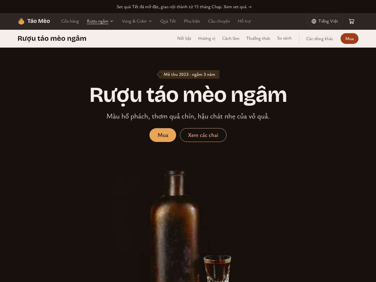 Trang dòng Rượu ngâm với thanh chương Nổi bật, Hương vị, Cách làm, Thưởng thức, So sánh và nút Mua dính dưới header