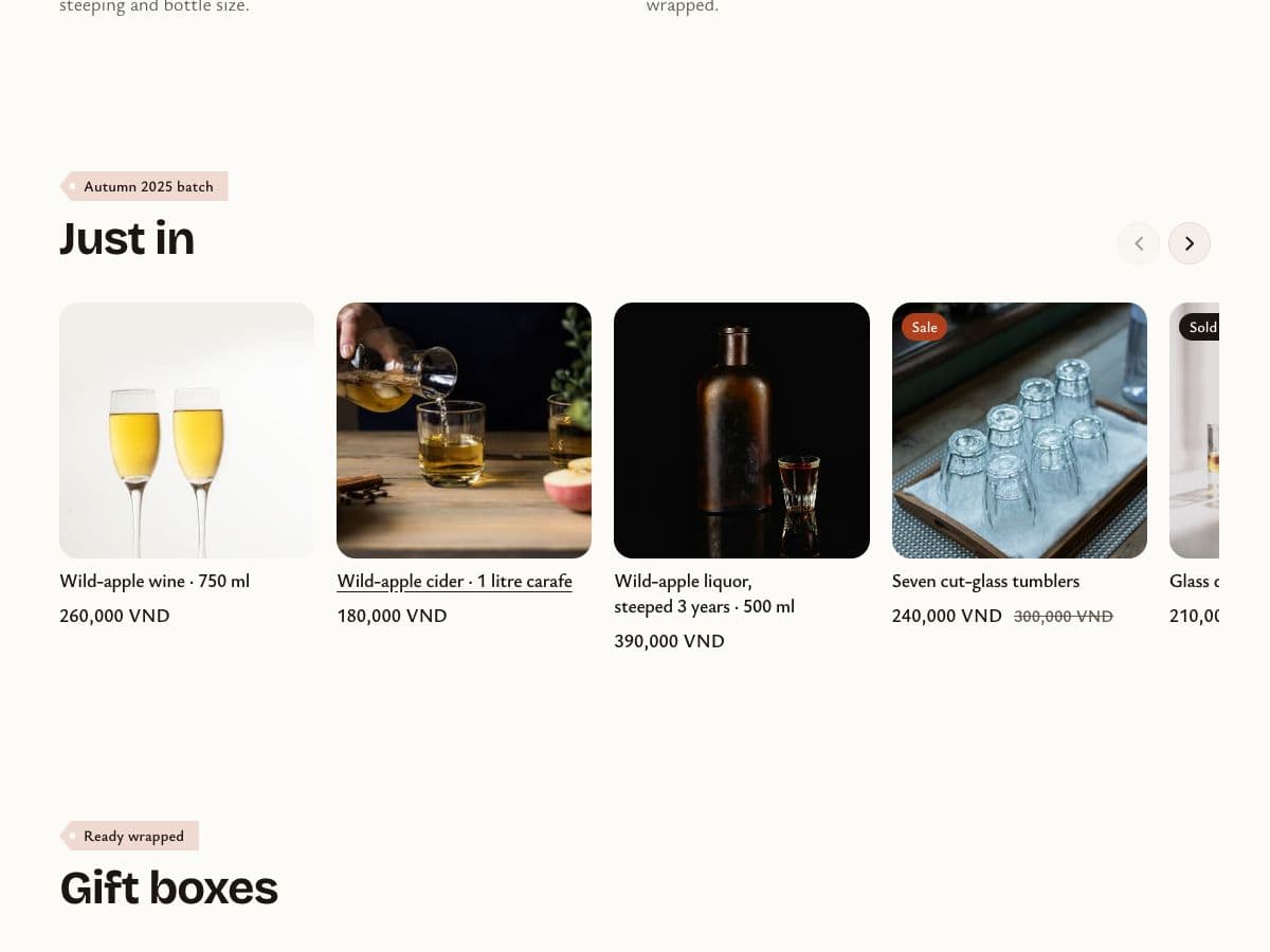 New arrivals product rail on the Shop page with wine, cider, steeped liquor and a glass set with a Sale label and a struck-through price