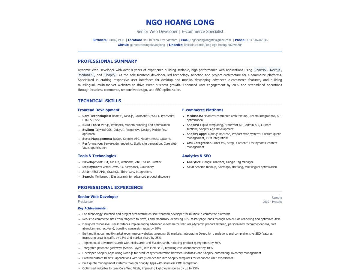Phần đầu CV với tên, chức danh và thông tin liên hệ