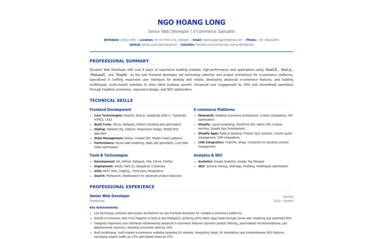 Trang chủ mẫu CV và portfolio trên máy tính