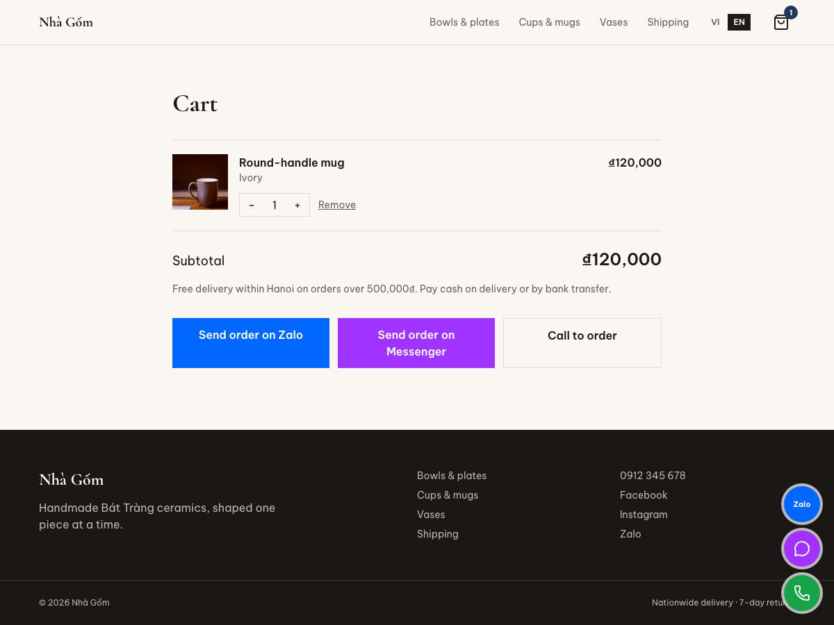 Cart with a product and buttons to send the order on Zalo or Messenger