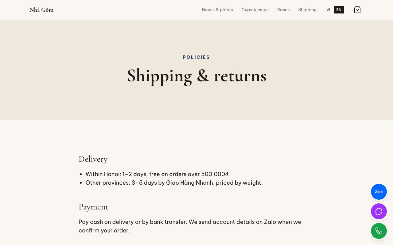 Shipping & returns of the Online shop template