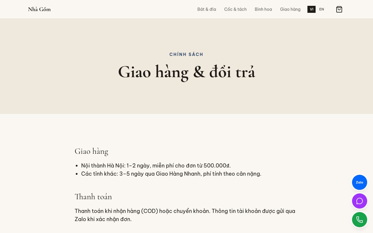 Giao hàng & đổi trả của mẫu Cửa hàng online