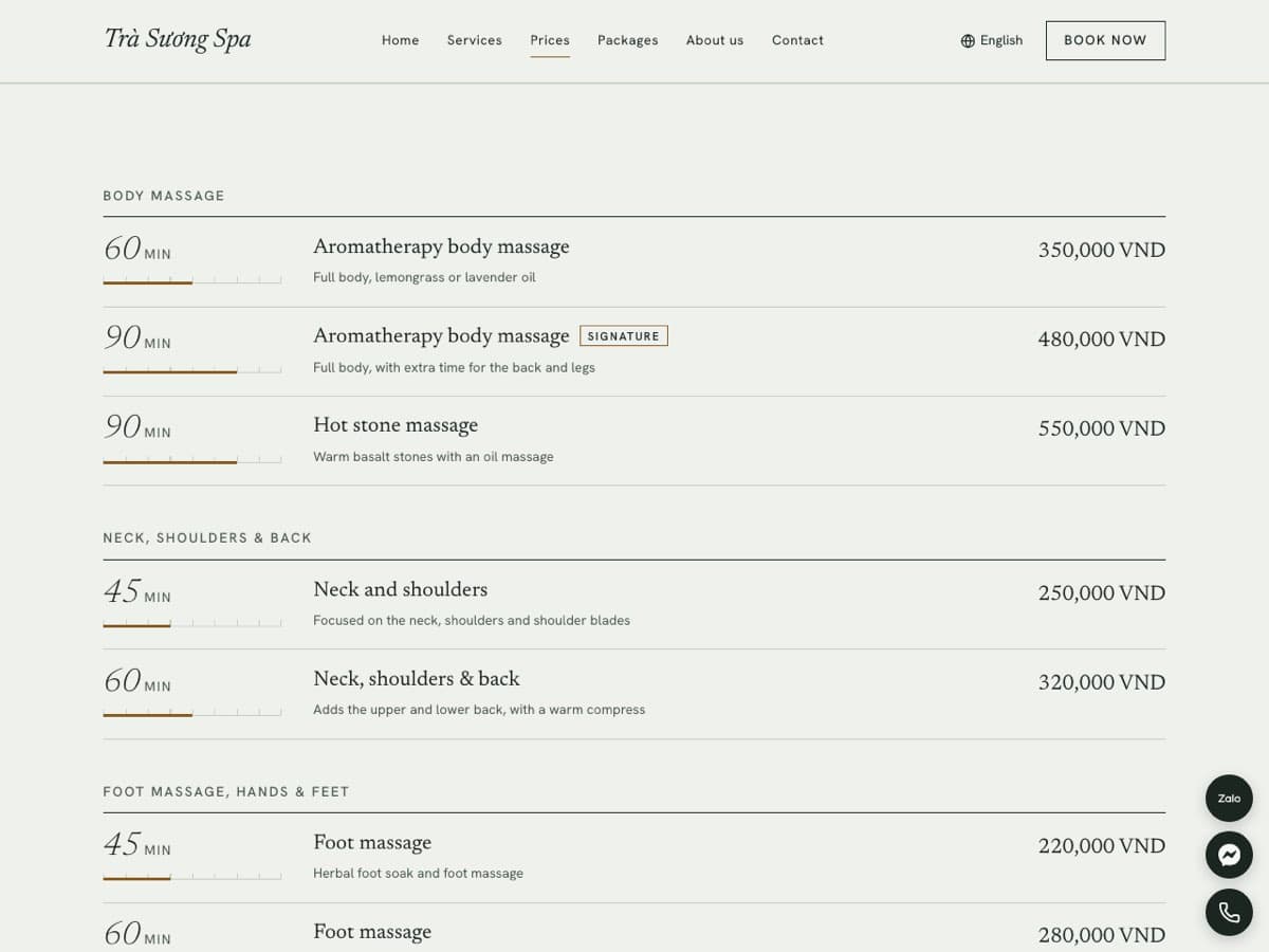 Massage price list with a 45, 60 or 90-minute ruler beside each treatment