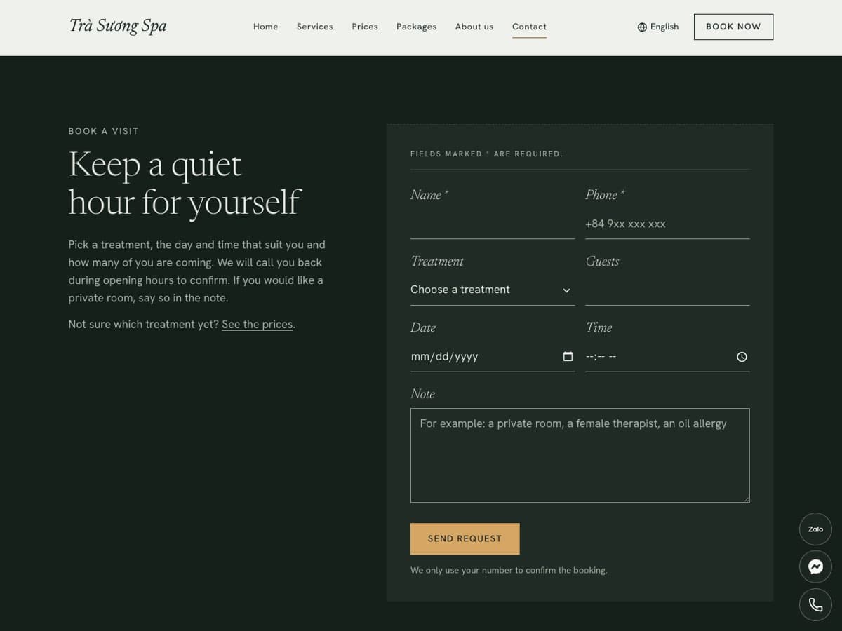 Booking form on the Contact page with treatment, guests, date, time and note fields