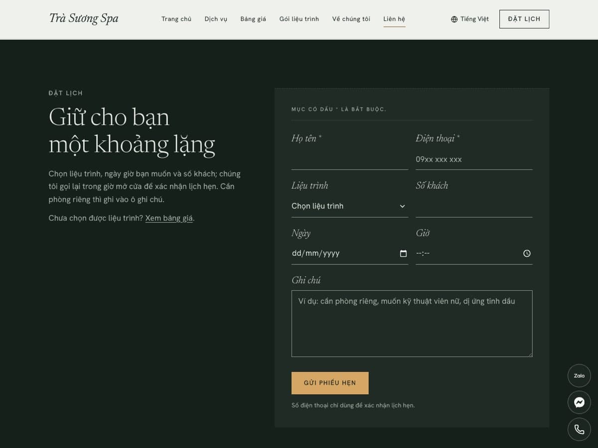 Form đặt lịch trên trang Liên hệ với ô liệu trình, số khách, ngày, giờ và ghi chú