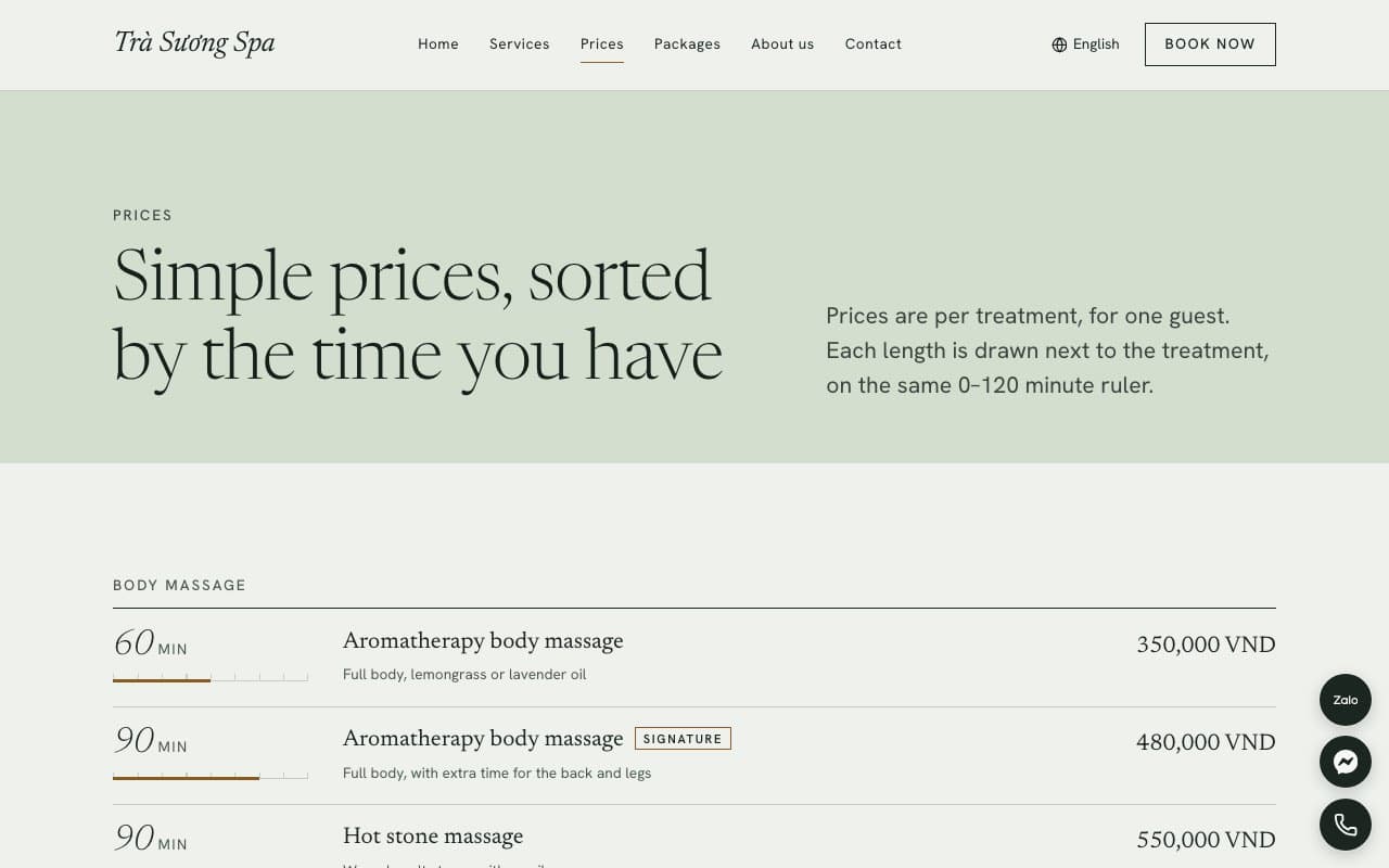 The Prices page of the Spa & wellness template