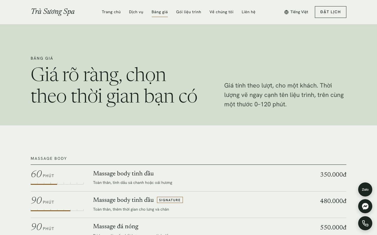 Trang Bảng giá của mẫu Spa & chăm sóc sức khoẻ