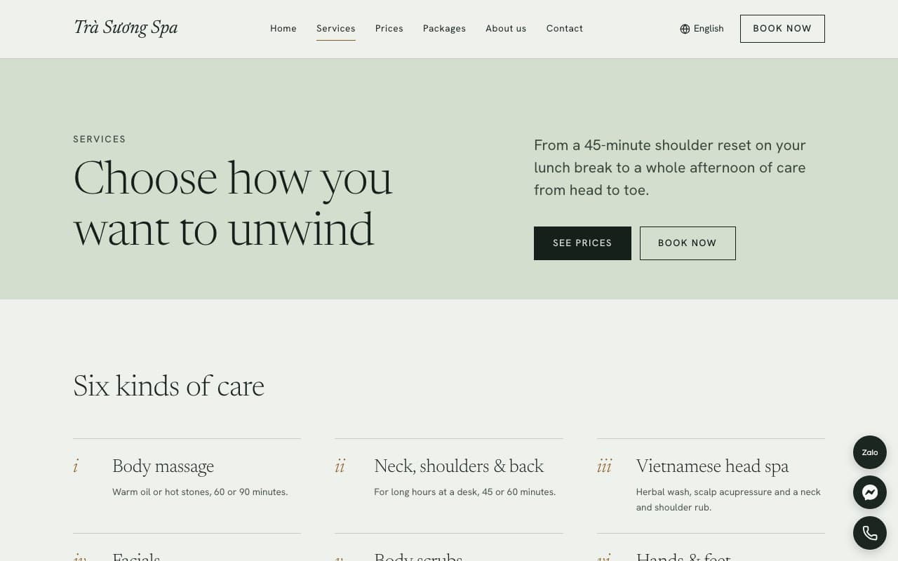 The Services page of the Spa & wellness template