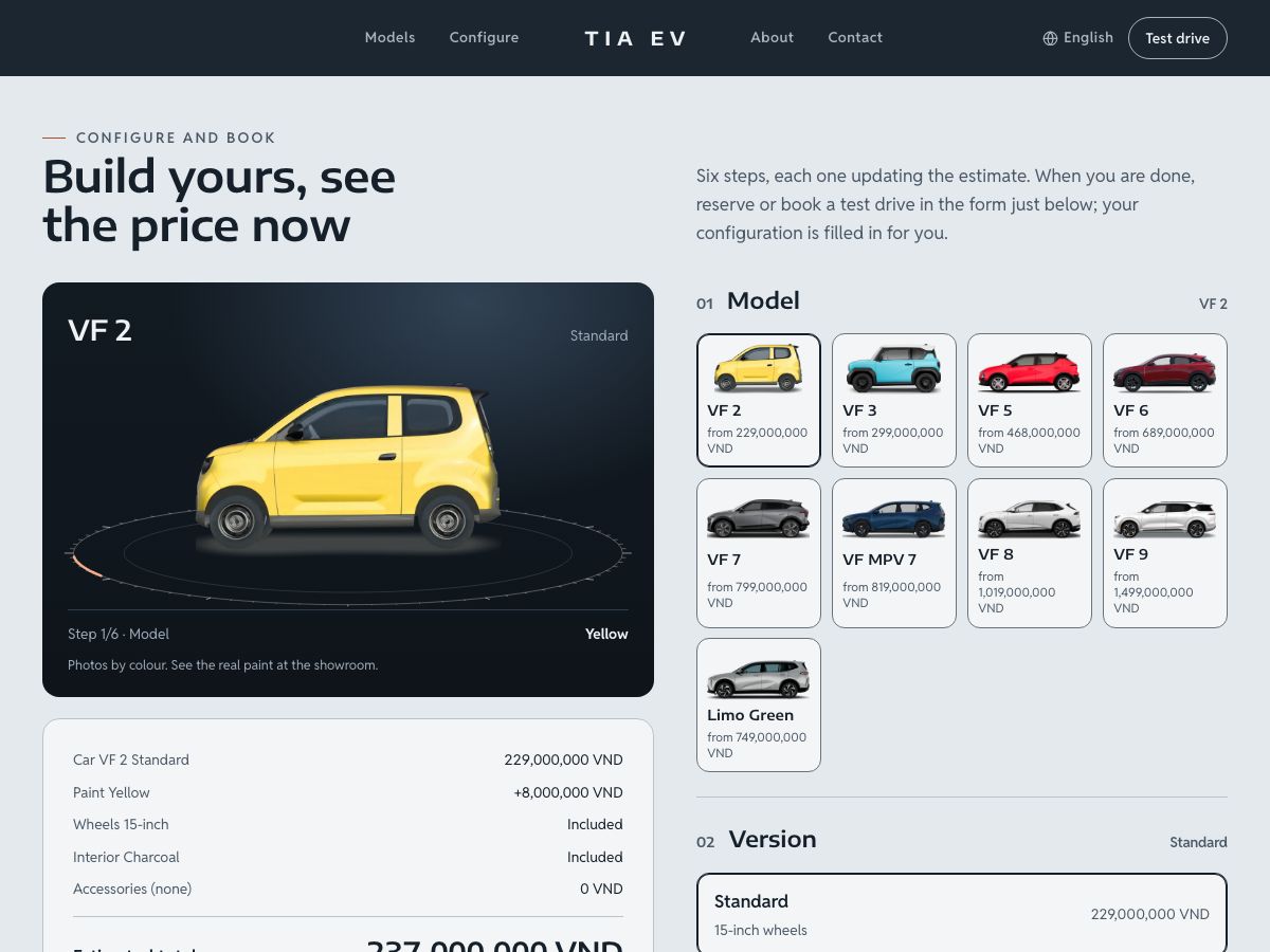 Configurator at the model step with a yellow VF 2 on the turntable ring, a grid of nine models with their "from" prices and a running summary of car, paint, wheels, interior and accessories