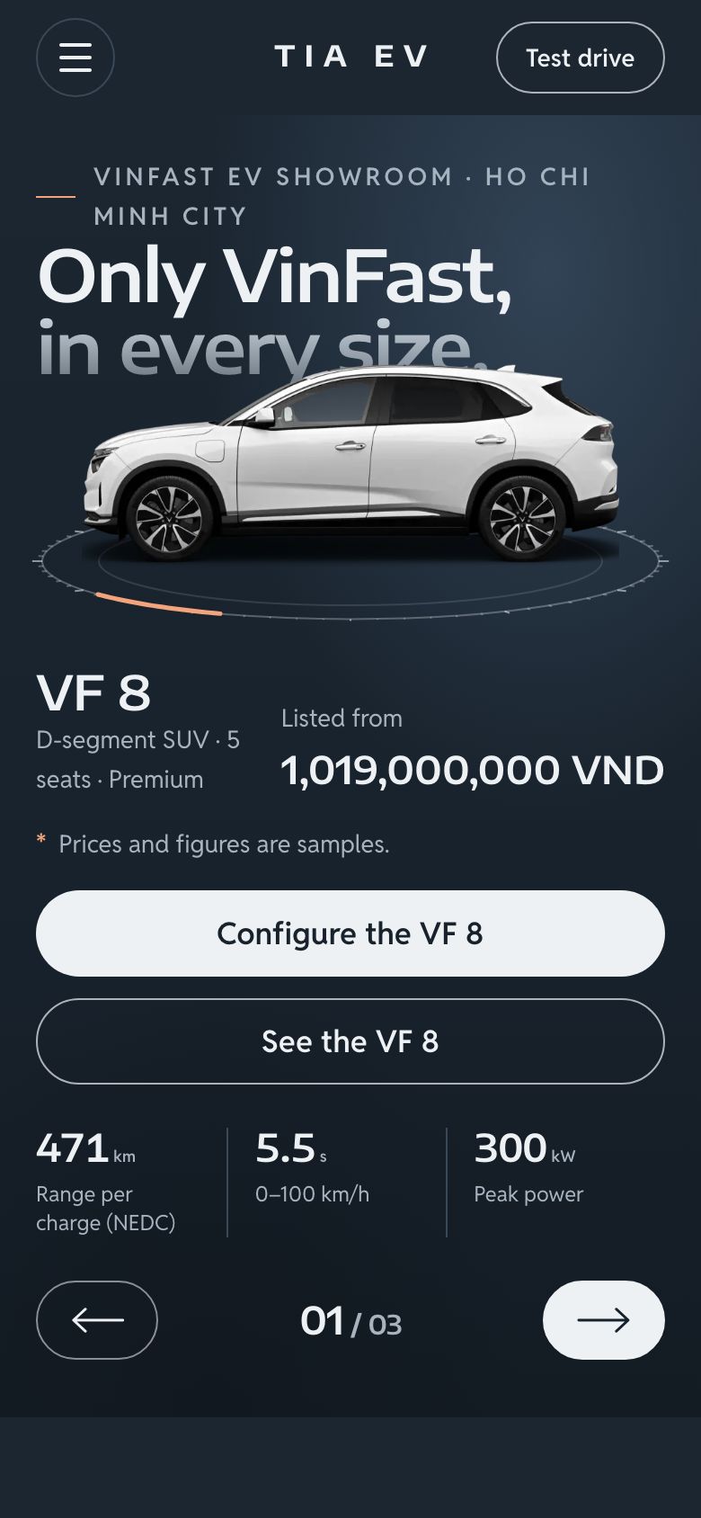 Tia EV template home page on a phone