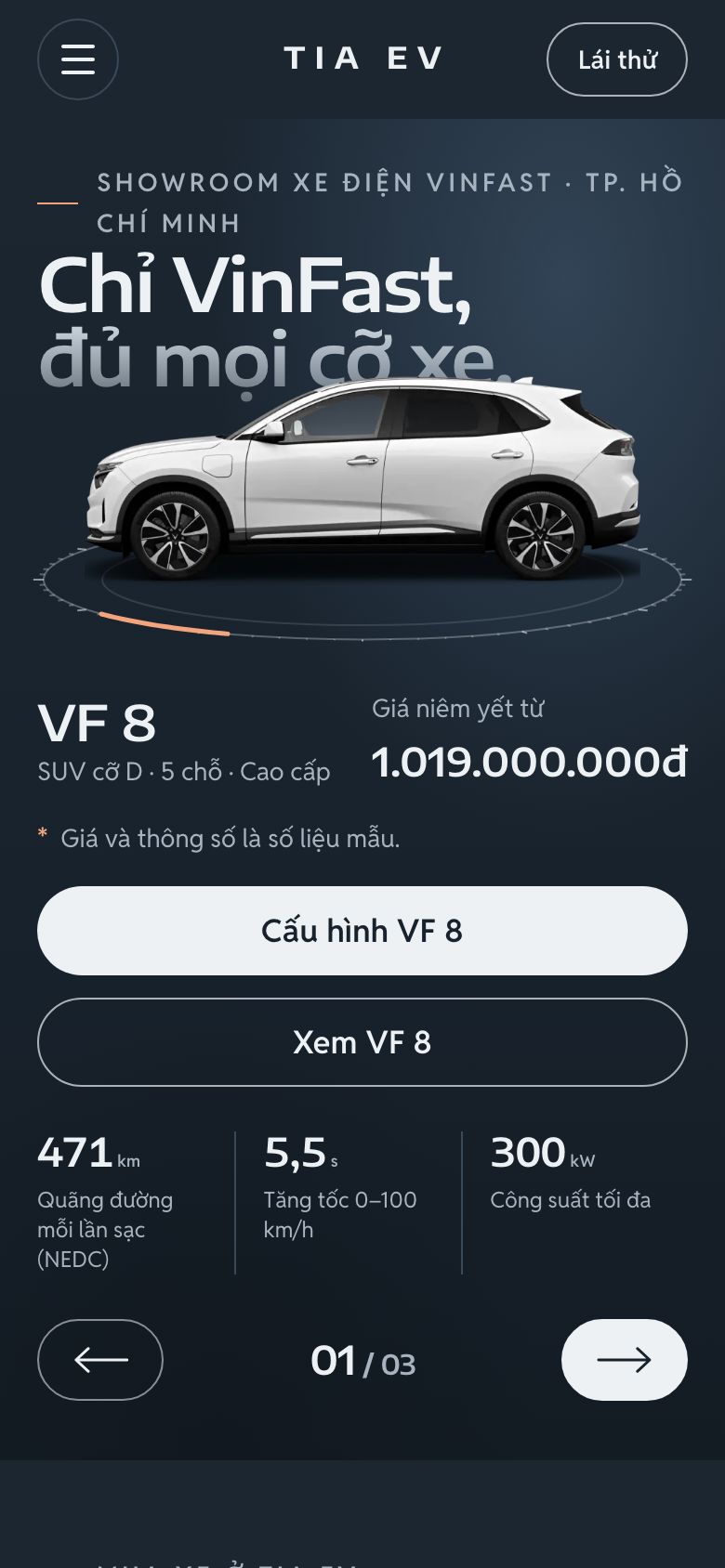 Trang chủ mẫu Tia EV trên điện thoại
