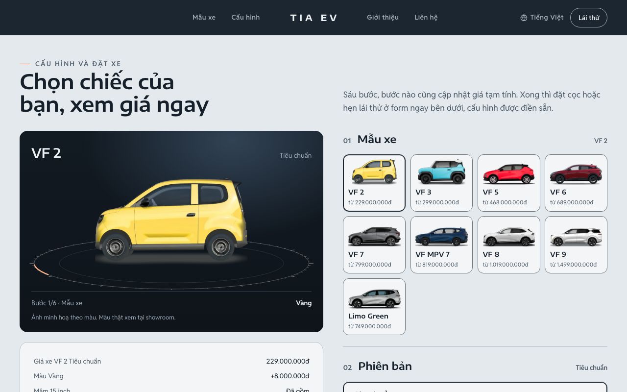 Cấu hình và đặt xe của mẫu Showroom xe điện một hãng