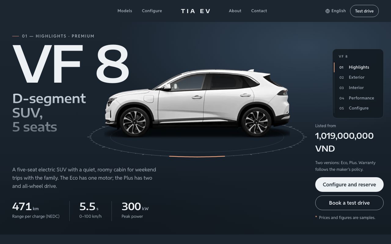 Car page of the Single-brand EV showroom template