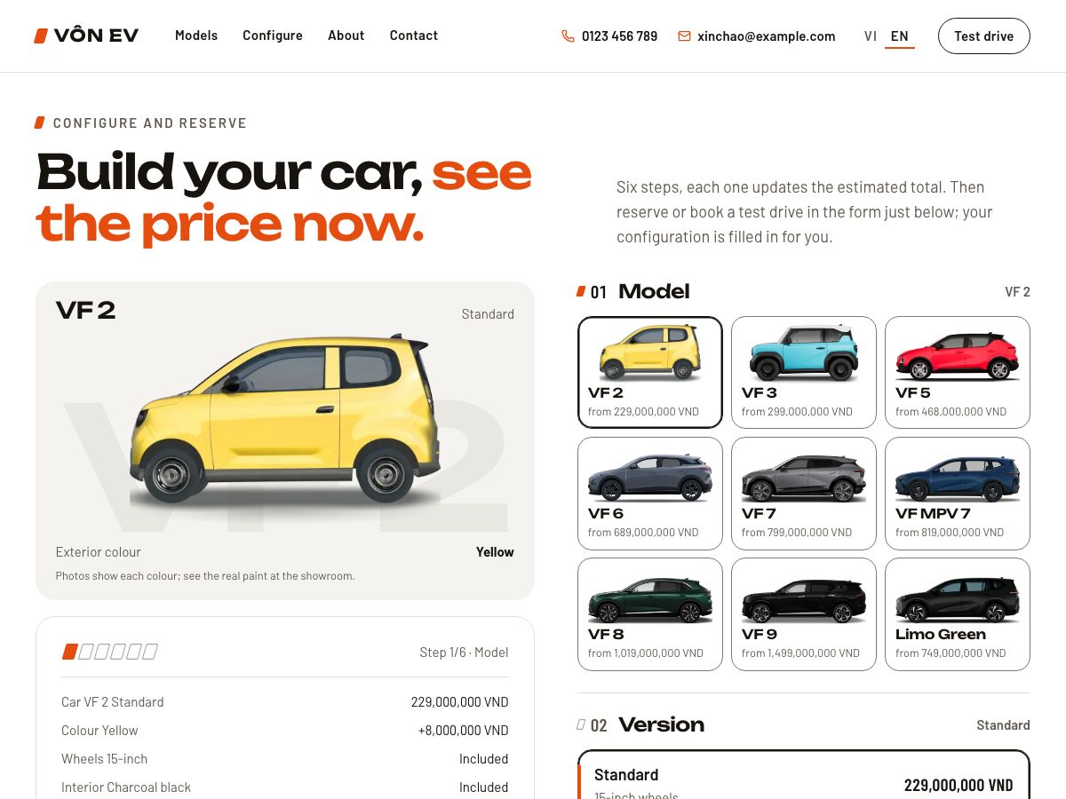 Configurator at the model step with a yellow VF 2 over faded lettering, a grid of nine models with "from" prices, six battery cells counting the steps and a running summary