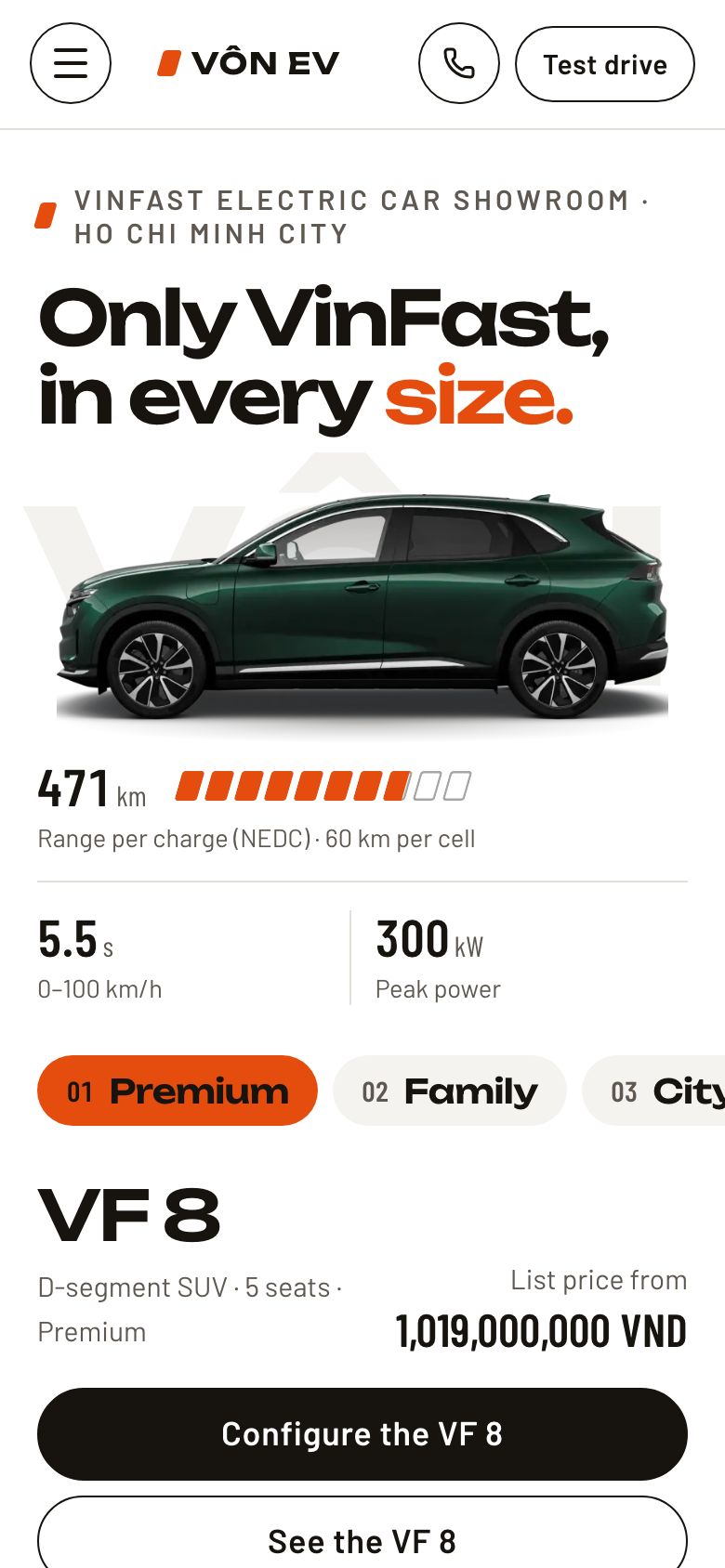 Vôn EV template home page on a phone