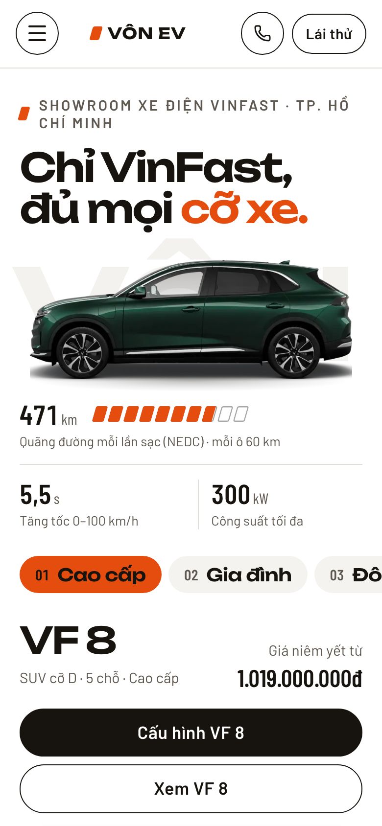 Trang chủ mẫu Vôn EV trên điện thoại