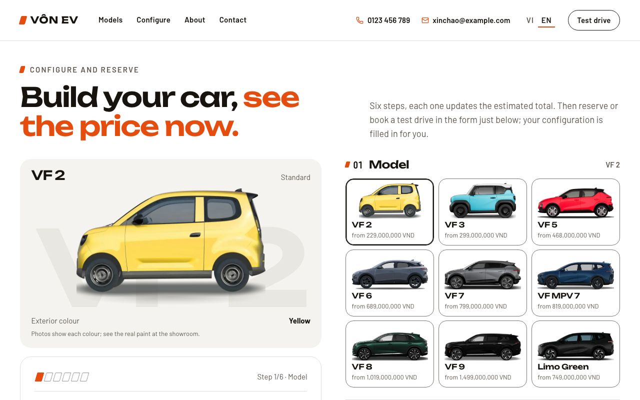 Configure and reserve of the Light EV showroom template