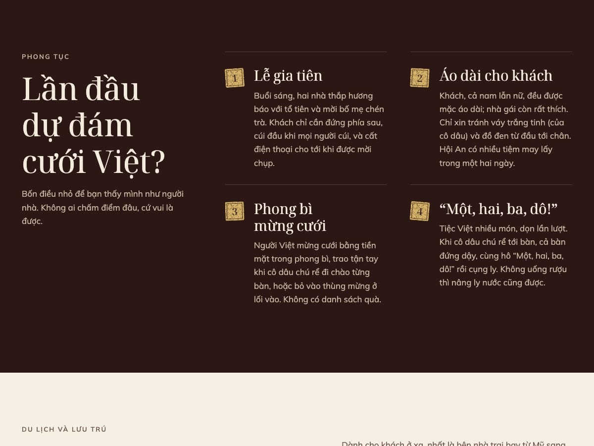 Phần Phong tục trên nền nâu sơn mài với bốn mục đánh số: lễ gia tiên, áo dài cho khách, phong bì mừng cưới và Một, hai, ba, dô!