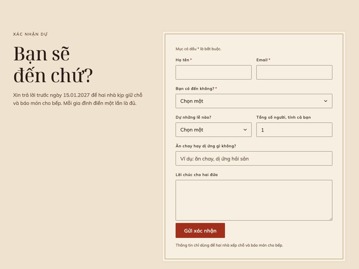 Form xác nhận dự với các ô họ tên, email, có đến không, dự những lễ nào, tổng số người, ăn chay hay dị ứng và lời chúc